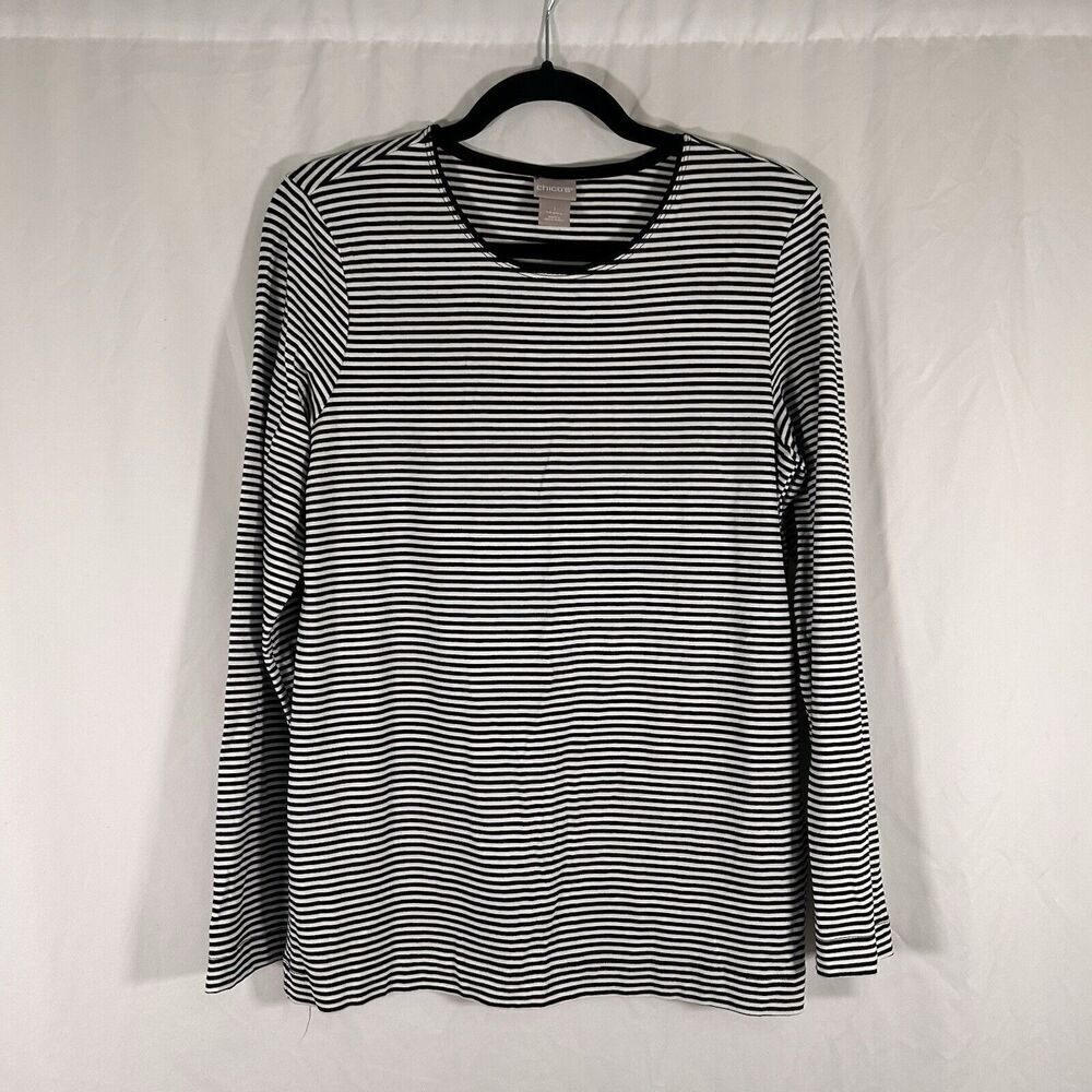 Chico's Blouse Women's Medium Black White Striped Long Sleeve Round Neck